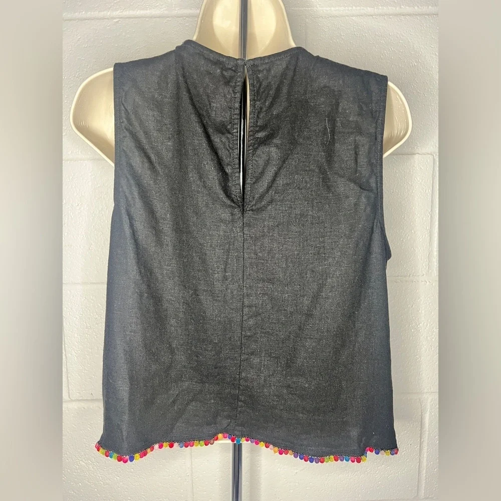 BCBGeneration Black Linen Blend Pompom Trim Sleeveless Top size M